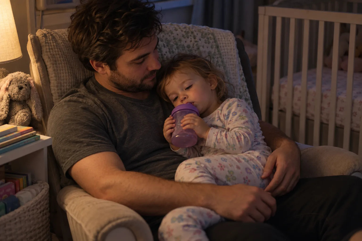A father holding a sleepy toddler with a sippy cup at bedtime