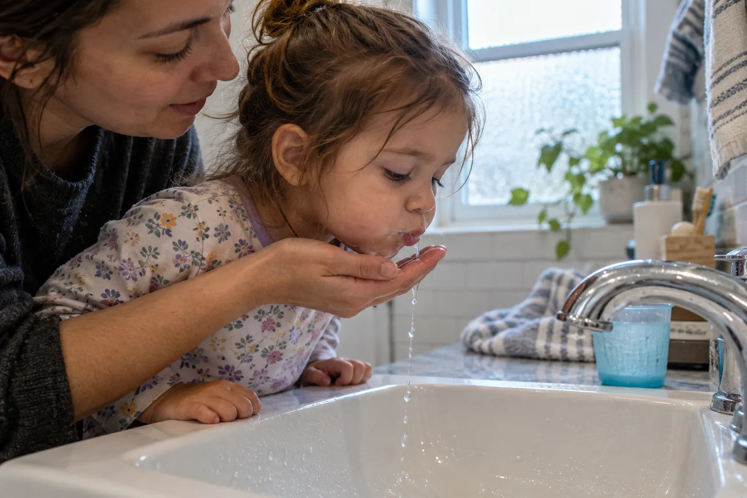 A parent helping a toddler spit into the sink