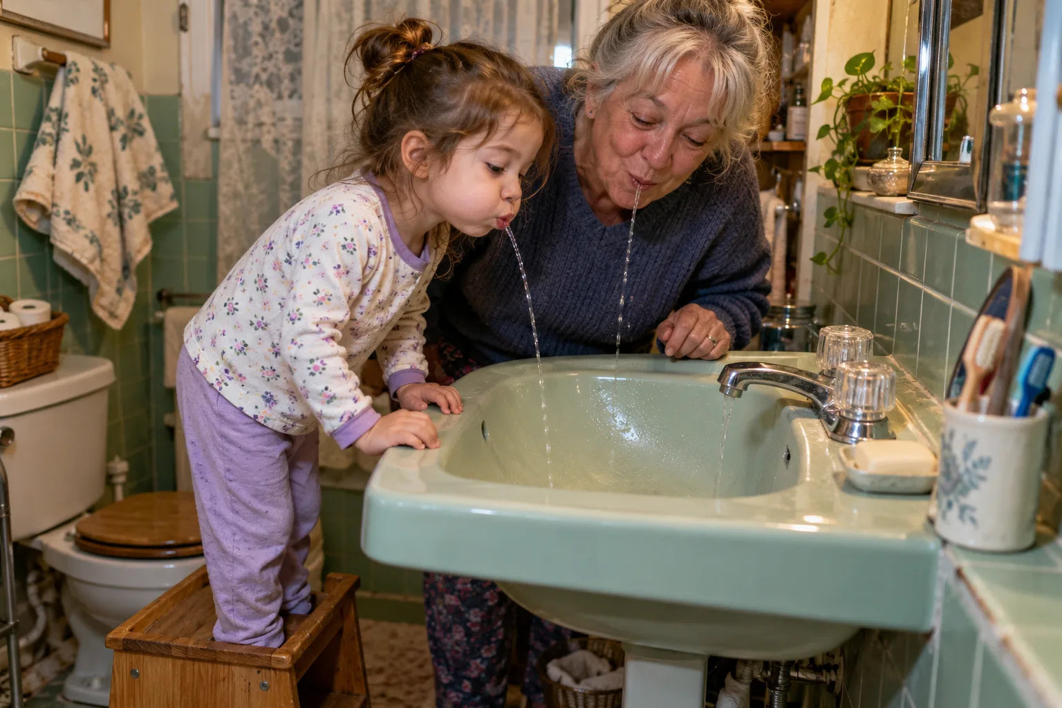 A grandmother showing a child how to spit into the sink