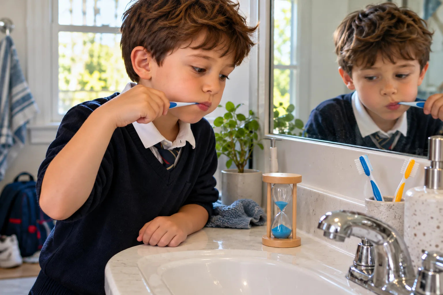 A boy brushing while watching a sand timer