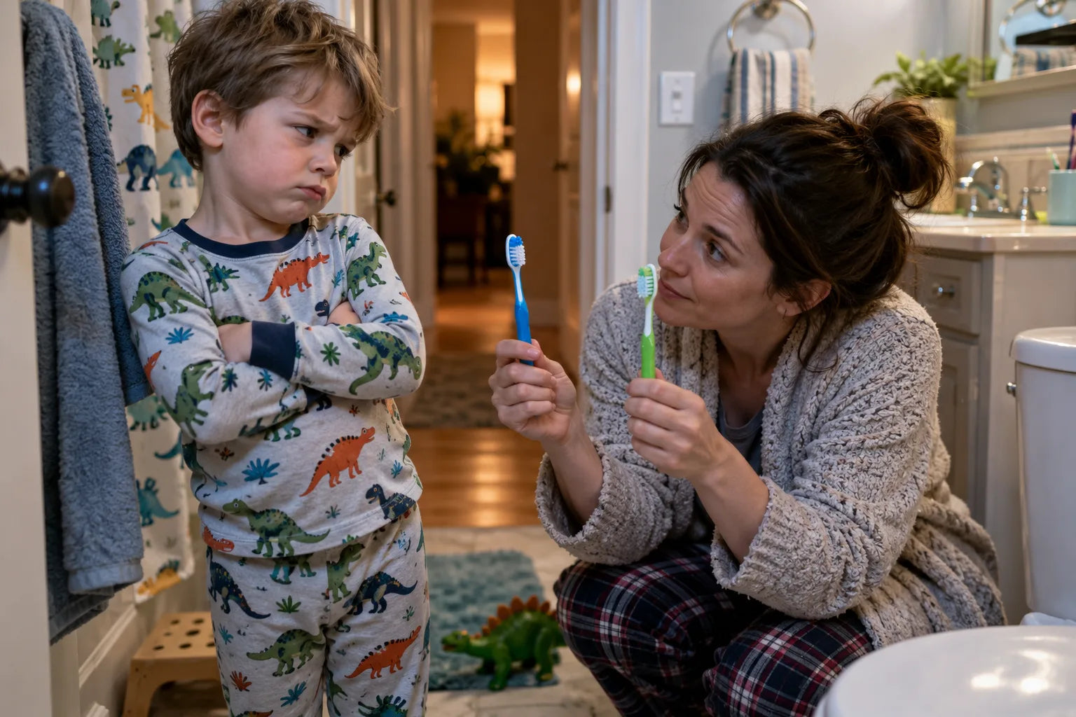 A mother offering a reluctant child a choice of two toothbrushes
