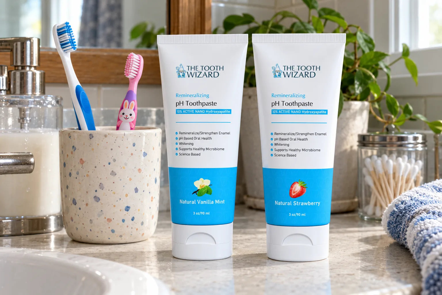 Vanilla Mint and Strawberry tubes beside an adult and a child toothbrush