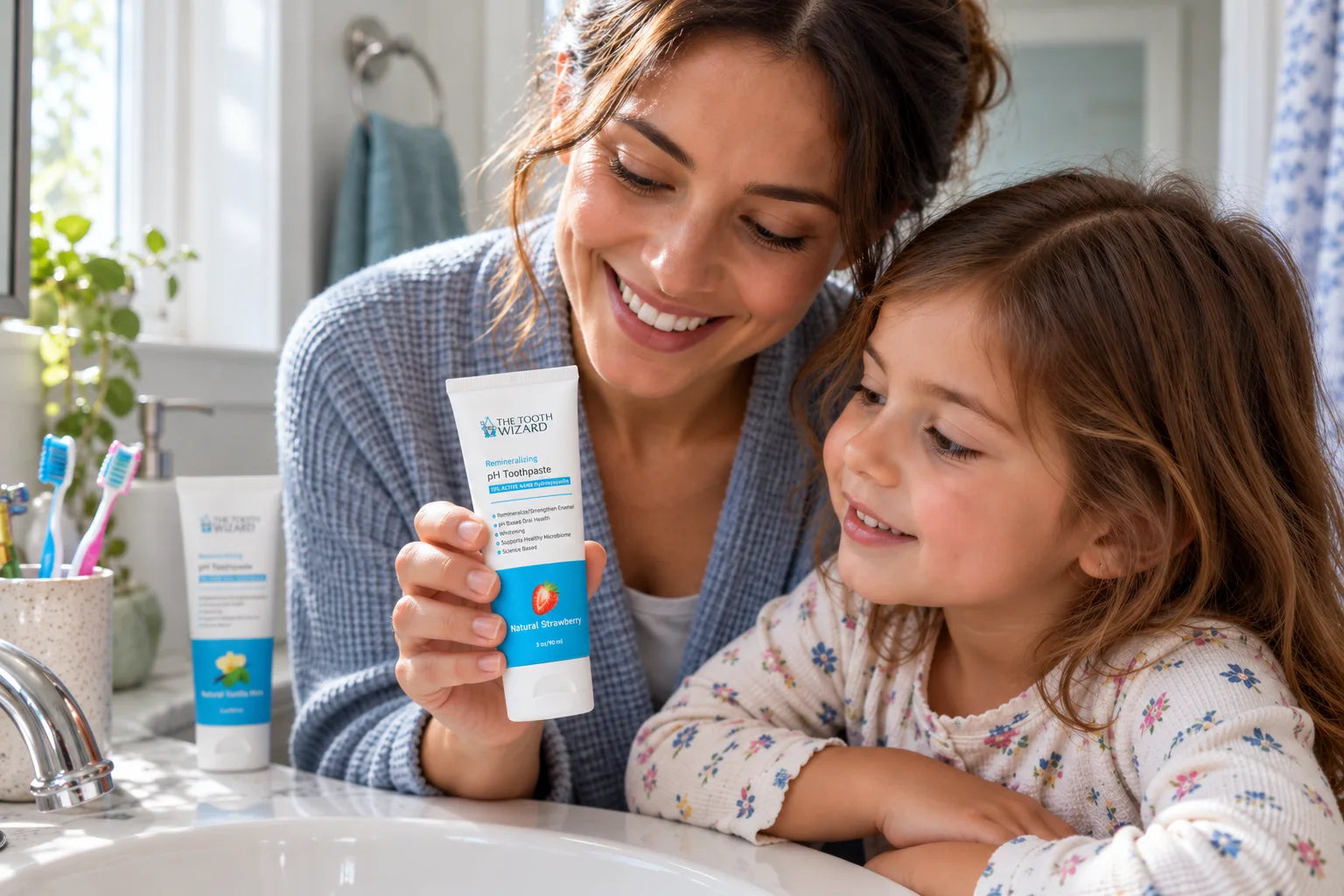 A parent and child at the bathroom sink looking closely at a tube of Tooth Wizard Strawberry