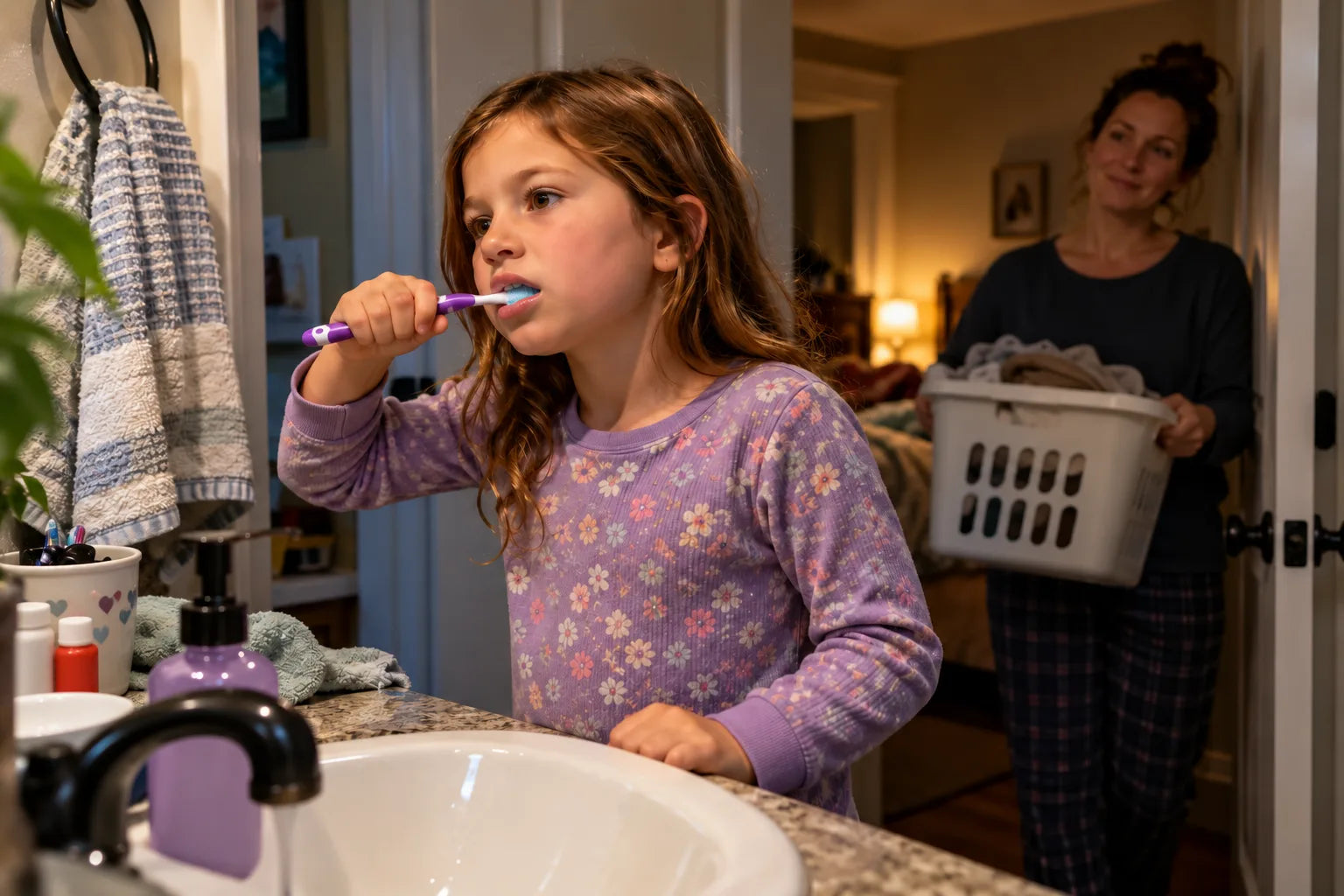 A child brushing alone while a parent watches from the doorway