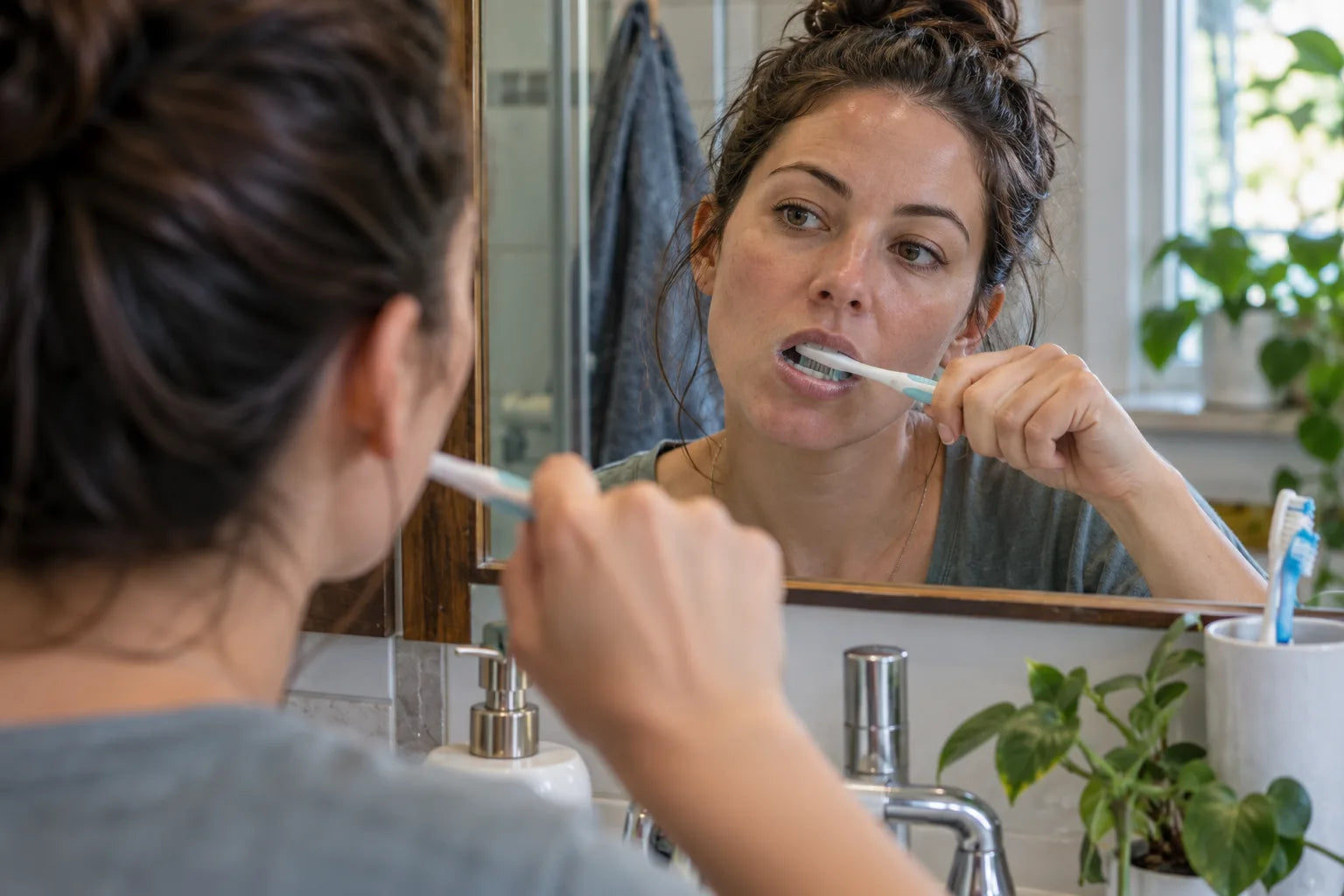 A woman brushing with a light foam