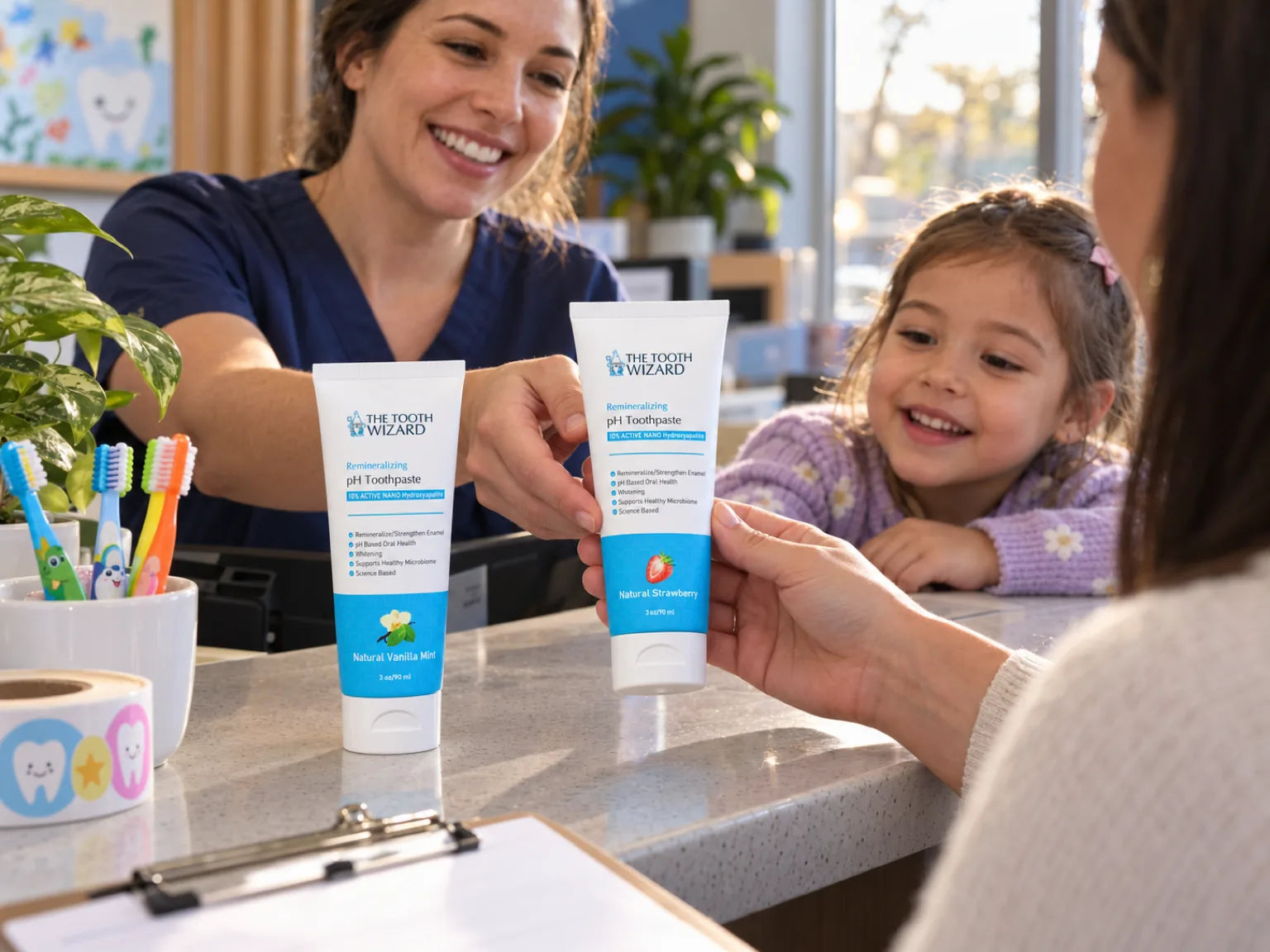 At a dental office front desk, a team member hands a parent a tube of Strawberry while a girl looks on