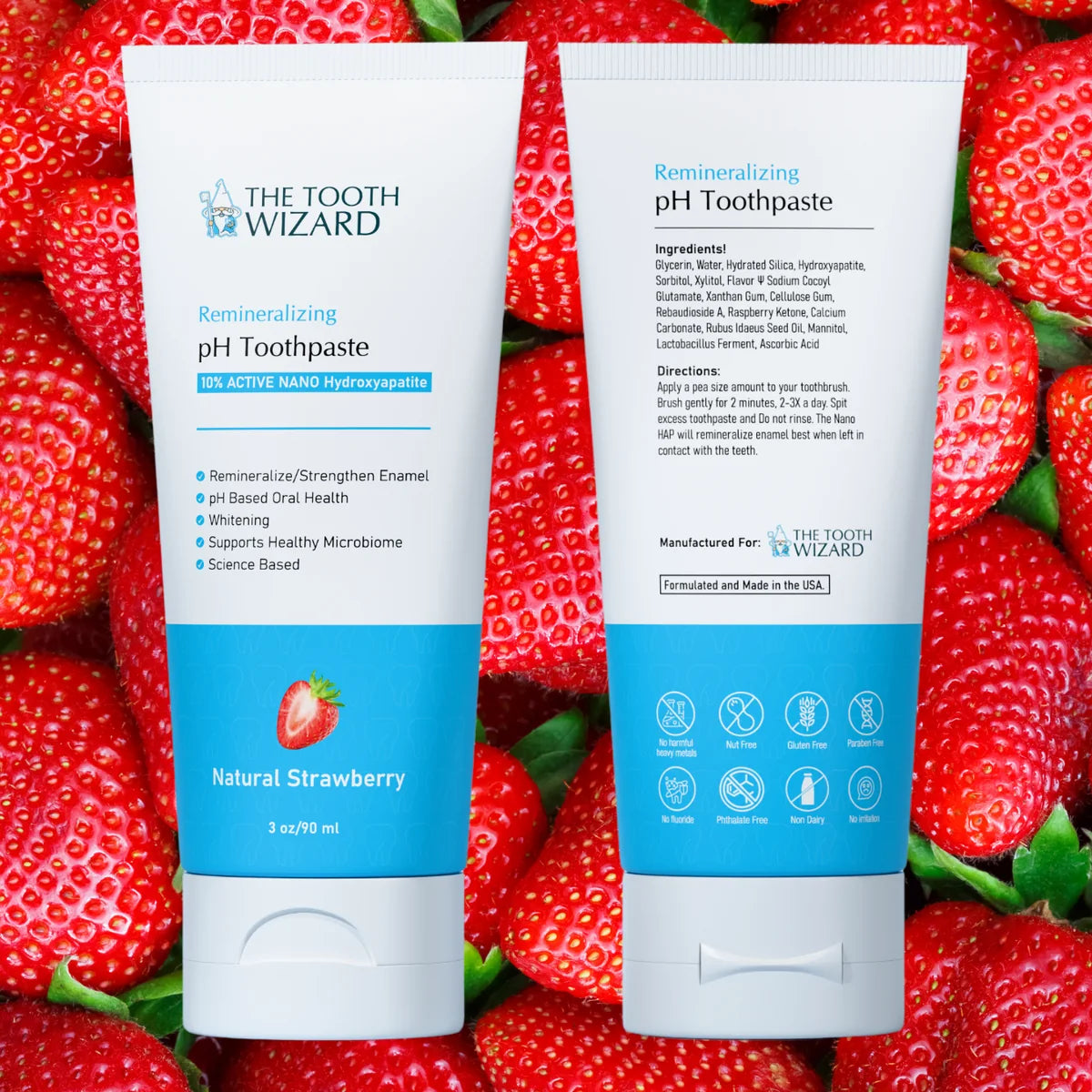 Front and back of the Strawberry tube, with its printed ingredient list