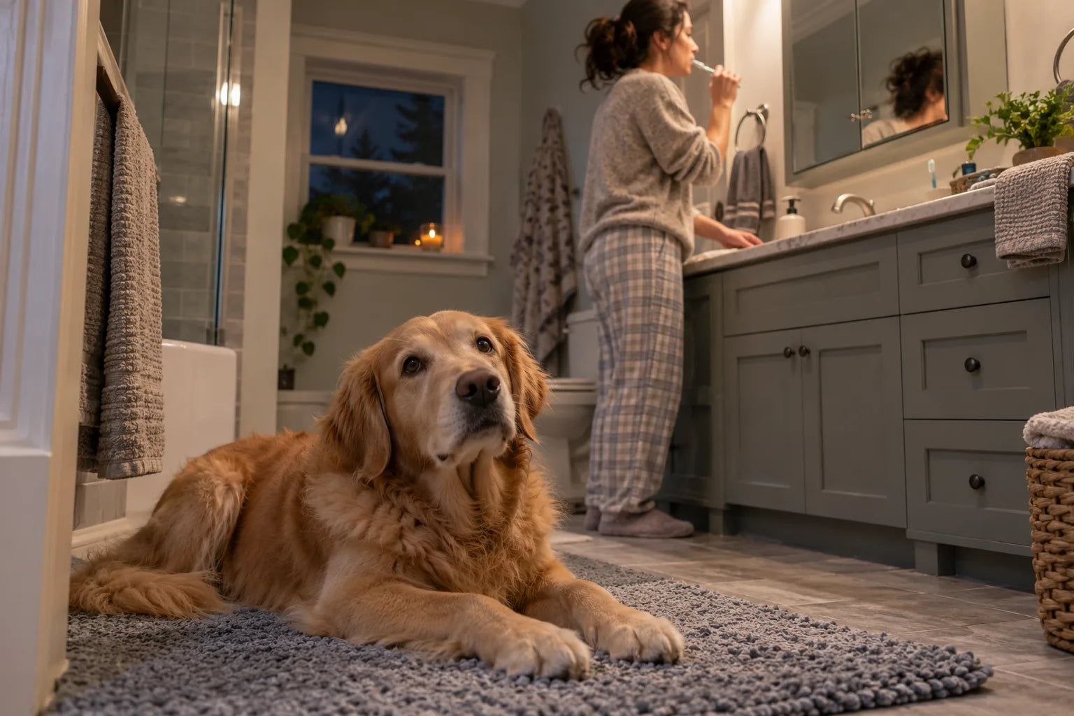 A dog on the bathroom rug while a mother brushes